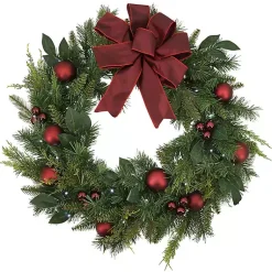 Wreaths>Kirklands Home Red Velvet Ribbon and Ornaments Pre-Lit Wreath