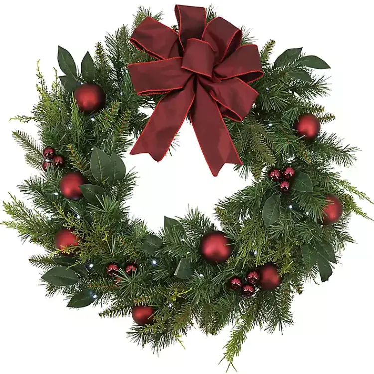Wreaths>Kirklands Home Red Velvet Ribbon and Ornaments Pre-Lit Wreath