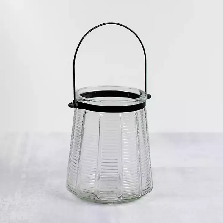 Lanterns>Kirklands Home Ribbed Glass Lantern with Metal Handle, 6 in. Clear