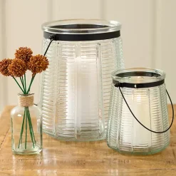Lanterns>Kirklands Home Ribbed Glass Lantern with Metal Handle, 10 in. Clear