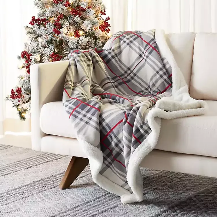 Blankets & Throws>Kirklands Home Ribbon Plaid Print Throw Gray