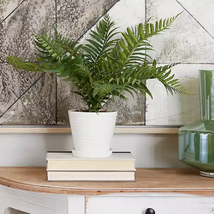 Arrangements & Greenery>Kirklands Home River Rock Fern in Ribbed White Planter