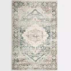 Kirklands Home Rosette Green and Ivory Area Rug, 7x9 New