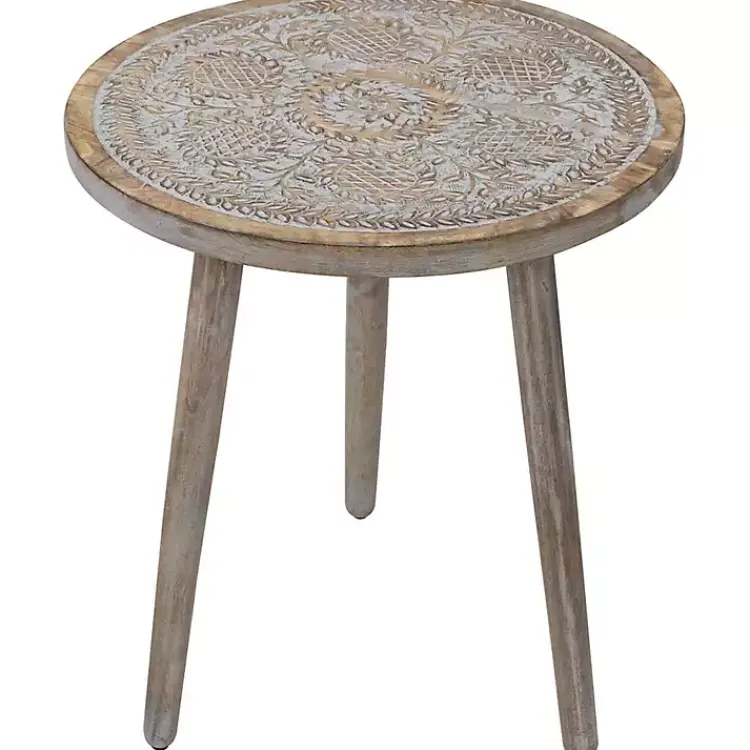 Kirklands Home Round Antique Engraved Accent Table Gray Clearance