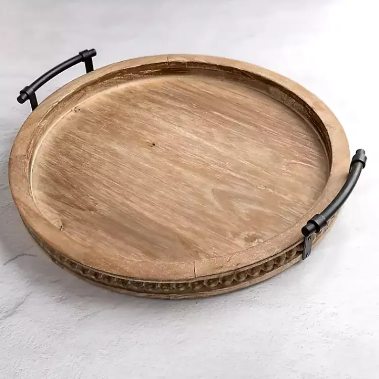 Decorative Trays>Kirklands Home Round Beaded Wood Decorative Tray Brown