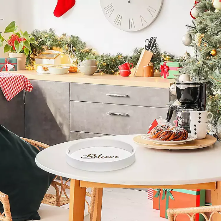 Christmas Dining & Entertaining>Kirklands Home Round Believe Wood Tray White