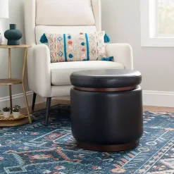 Kirklands Home Round Faux Leather Storage Ottoman Black Hot