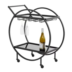 Kirklands Home Round Metal and Glass 2-Ter Bar Cart Black New