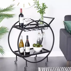 Kirklands Home Round Metal and Glass 2-Ter Bar Cart Black New