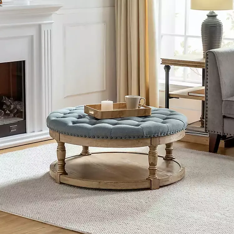 Kirklands Home Round Cepheus Tufted Ottoman Blue Outlet