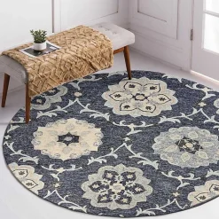 Kirklands Home Round Geometric Floral Area Rug, 4x4 Blue New