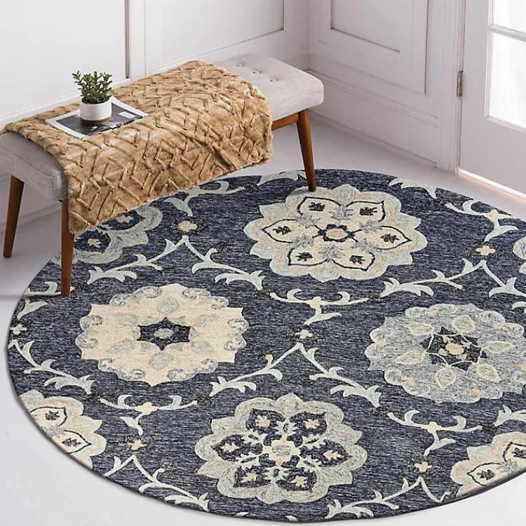 Kirklands Home Round Geometric Floral Area Rug, 4x4 Blue New
