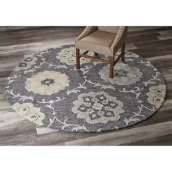 Kirklands Home Round Geometric Floral Area Rug, 4x4 Blue New