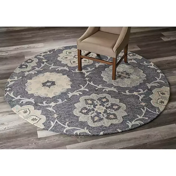 Kirklands Home Round Geometric Floral Area Rug, 4x4 Blue New