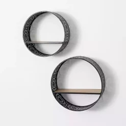 Kirklands Home Round Boho Black Metal Wall Shelves, Set of 2 Sale