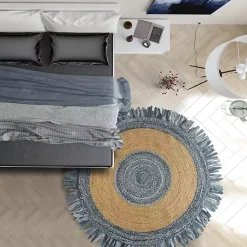 Kirklands Home Round Braided Jute and Denim Area Rug, 3x3 New