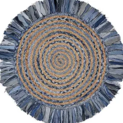 Kirklands Home Round Braided Jute and Denim Swirl Area Rug, 3x3 Clearance