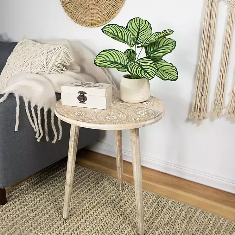 Kirklands Home Round Brushed White Engraved Accent Table Hot