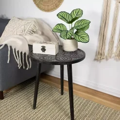 Kirklands Home Round Charcoal Floral Engraved Accent Table Black
