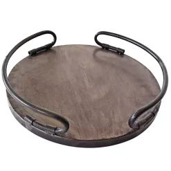 Decorative Trays>Kirklands Home Round Curved Metal Handles Tray Brown