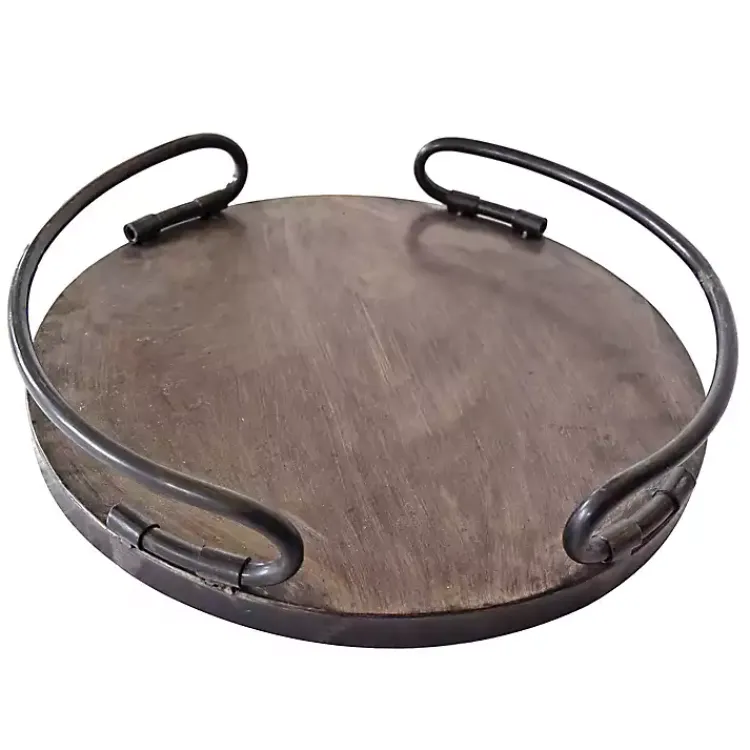 Decorative Trays>Kirklands Home Round Curved Metal Handles Tray Brown