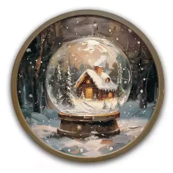 Christmas Art & Wall Decor>Kirklands Home Round Forest Cabin Snow Globe Framed Art Print