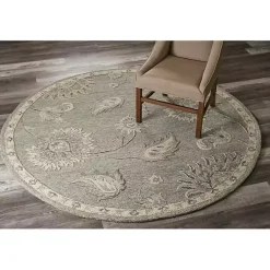 Kirklands Home Round Gray and Botanical Area Rug, 4x4 Blue Outlet
