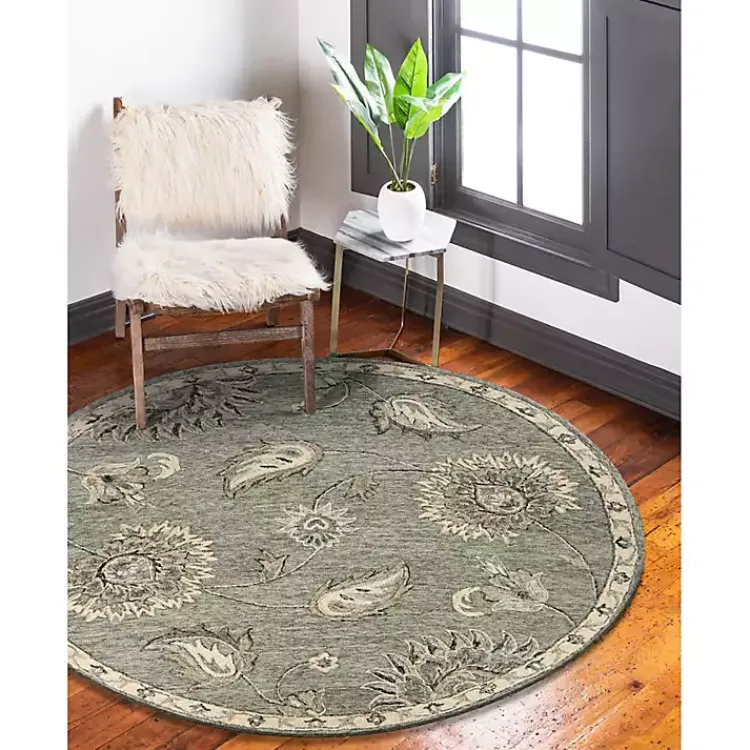 Kirklands Home Round Gray and Botanical Area Rug, 4x4 Blue Outlet
