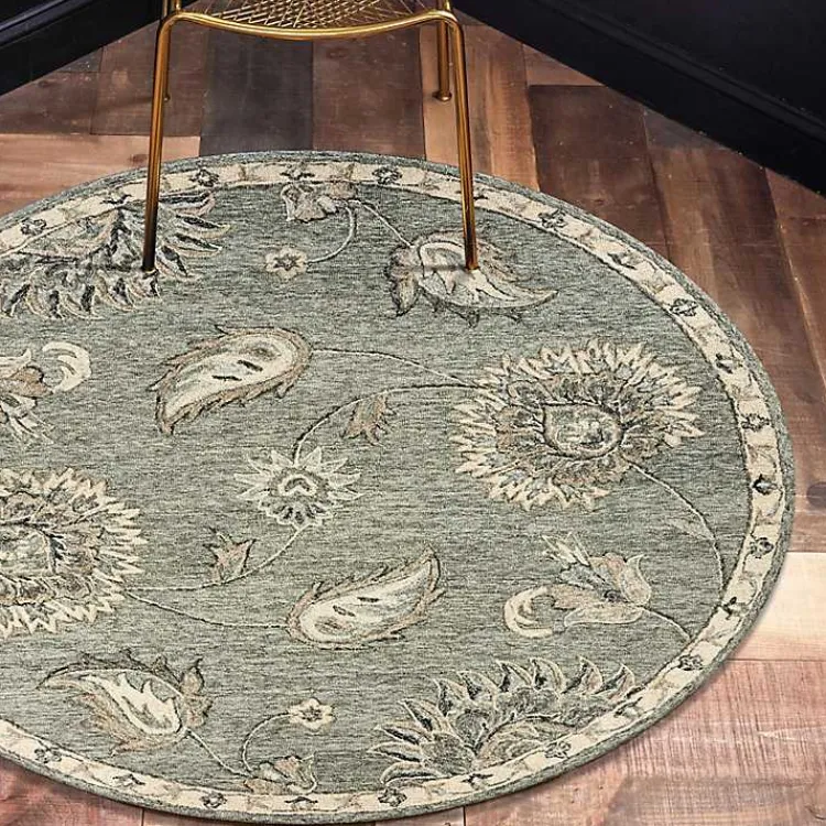 Kirklands Home Round Gray and Botanical Area Rug, 4x4 Blue Outlet