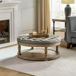 Kirklands Home Round Cepheus Tufted Ottoman Gray Best