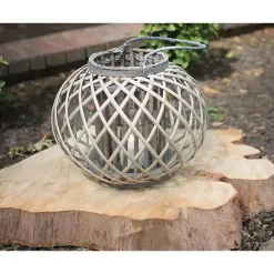 Lanterns>Kirklands Home Round Willow Lantern with Glass Pillar Gray