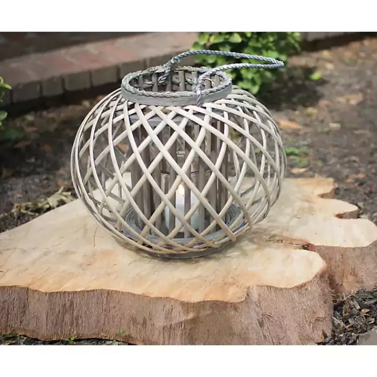 Lanterns>Kirklands Home Round Willow Lantern with Glass Pillar Gray