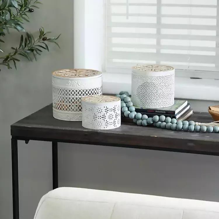 Baskets & Boxes>Kirklands Home Round Intricate Laser Cut Boxes, Set of 3 White