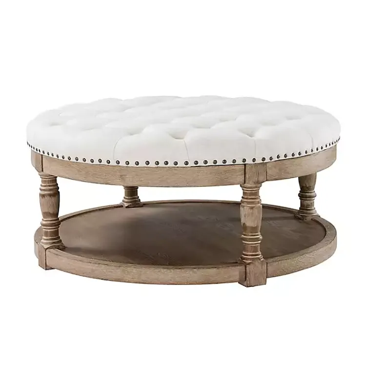 Kirklands Home Round Cepheus Tufted Ottoman Ivory Clearance
