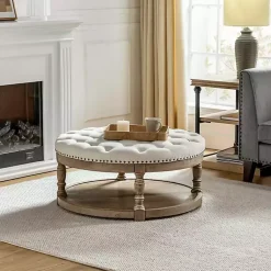 Kirklands Home Round Cepheus Tufted Ottoman Ivory Clearance