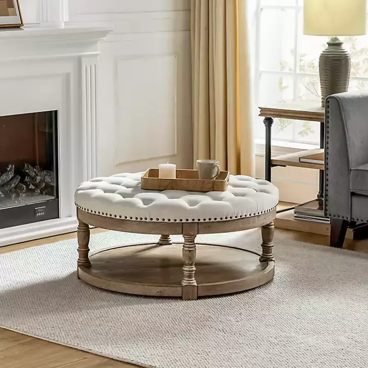 Kirklands Home Round Cepheus Tufted Ottoman Ivory Clearance