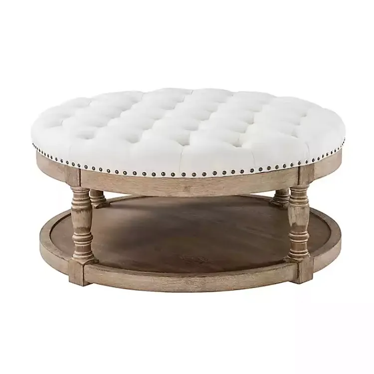 Kirklands Home Round Cepheus Tufted Ottoman Ivory Clearance