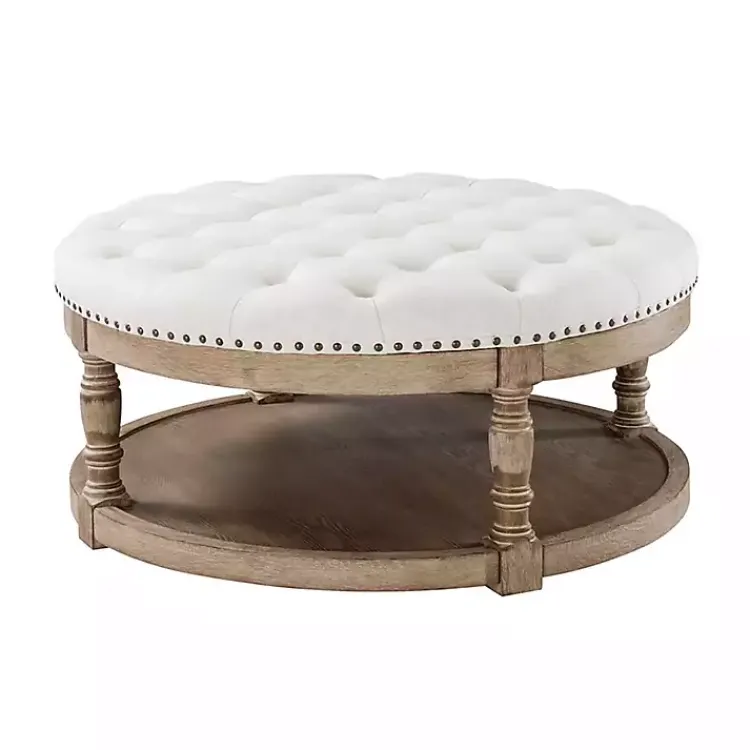 Kirklands Home Round Cepheus Tufted Ottoman Ivory Clearance