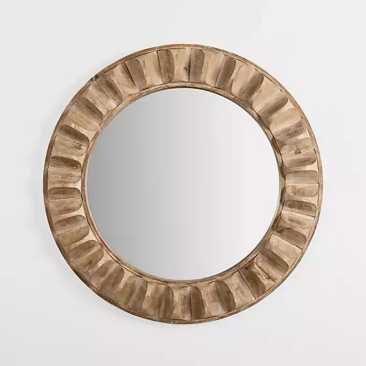 Kirklands Home Round Natural Textured Wood Wall Mirror Outlet