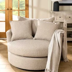 Kirklands Home Round Sand Boucle Swivel Accent Chair Tan New