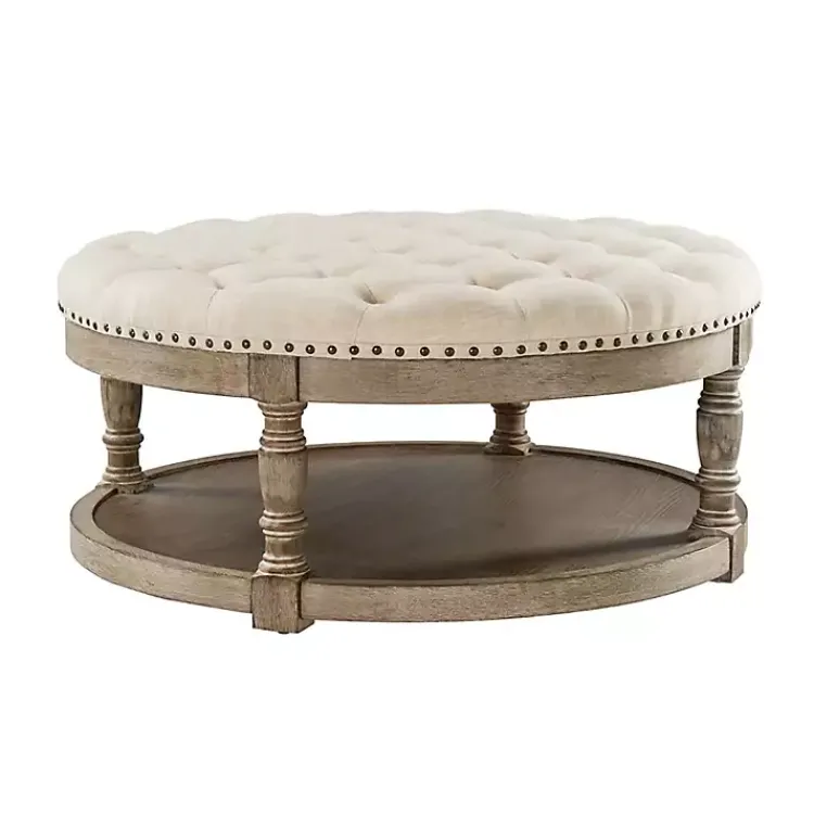 Kirklands Home Round Cepheus Tufted Ottoman Tan Outlet