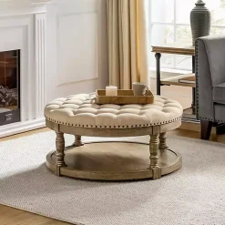 Kirklands Home Round Cepheus Tufted Ottoman Tan Outlet