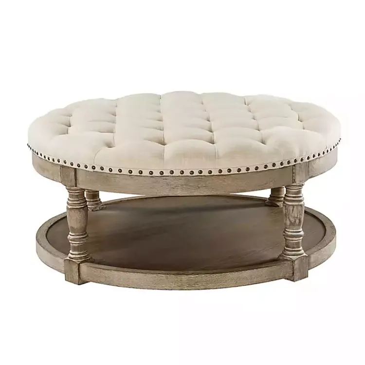 Kirklands Home Round Cepheus Tufted Ottoman Tan Outlet
