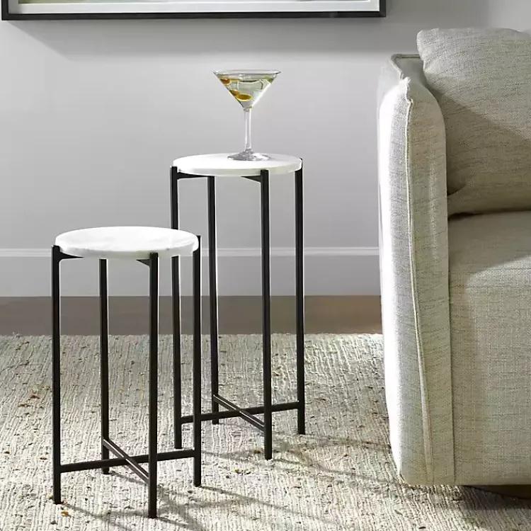 Kirklands Home Round White Marble Accent Tables, Set of 2 Black Outlet