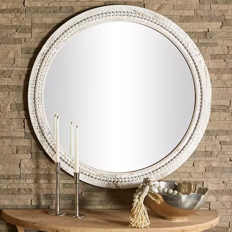 Kirklands Home Round Whitewash Beaded Wall Mirror Best