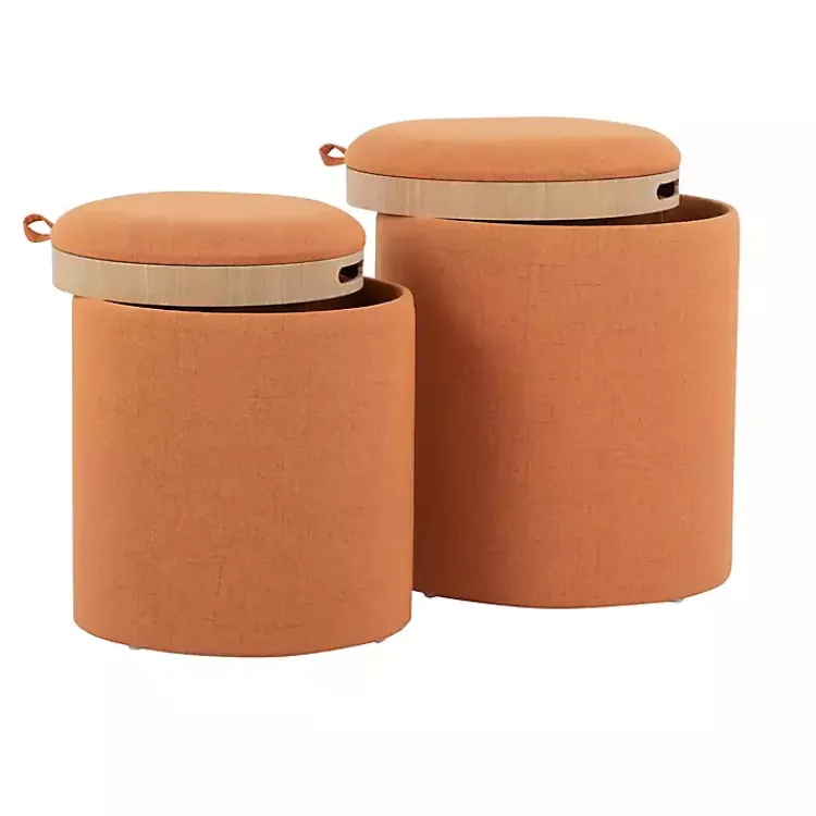 Kirklands Home Rust Upholstered Ottomans with Tray Tops, Set of 2 Orange Clearance