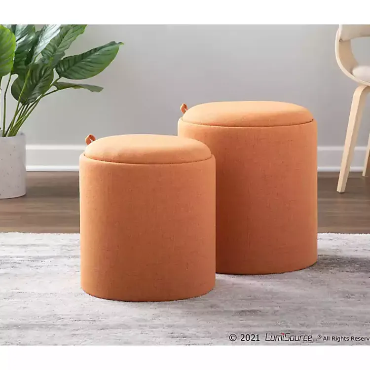 Kirklands Home Rust Upholstered Ottomans with Tray Tops, Set of 2 Orange Clearance