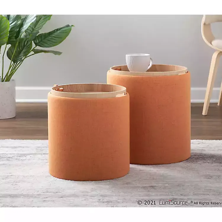 Kirklands Home Rust Upholstered Ottomans with Tray Tops, Set of 2 Orange Clearance