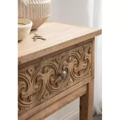 Kirklands Home Rustic Ornate Carved Wood Accent Table Brown