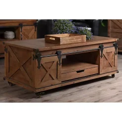 Kirklands Home Rustic Fir Wood Rolling Barn Door Coffee Table Tan Outlet